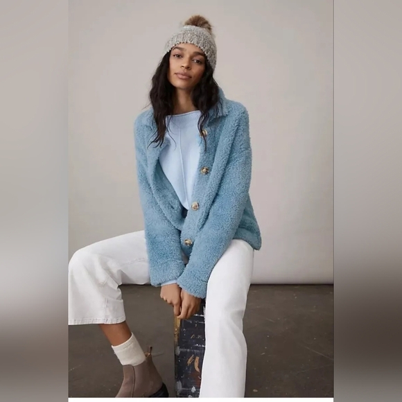 AMADI x Anthropologie Danika Fuzzy Teddy Sky Jacket Coat - Picture 8 of 11
